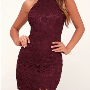 Lulu’s burgundy “Love Poem” lace bodycon dress